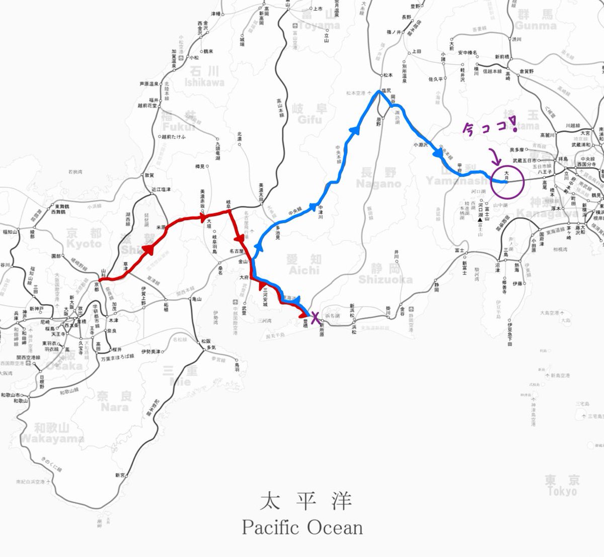 今日の総移動距離がどんくらいかわかる？

しゃァない　よう分かるように　キミらの長さで教えたげるわ

594.9kmや

ピンとけぇへんやろ　数で聞いても