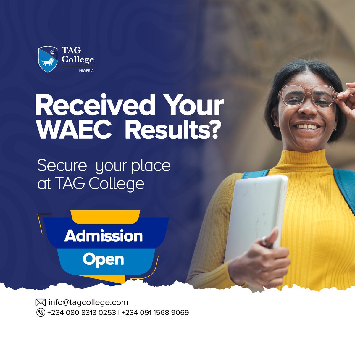Excited about your WAEC results? We are, too! 🎓 TAG College is here to help you take the next step in your education. Our October intake is open join us, and be part of a world-class learning community! 🌐
For Inquiries
📞+234 08083130253 ​
#StudyAbroad