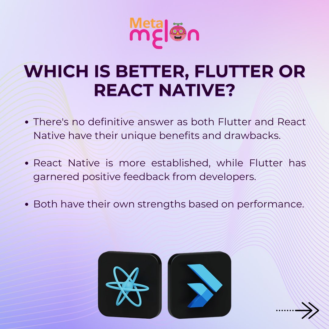 meta_m_official's tweet image. Flutter or React Native? Discover the key differences and what makes each stand out. Which one do you prefer? 🤔

#FluttervsReactNative #AppDevelopment #flutter #reactnative #mobiledevelopment #crossplatform #TechComparison #javascript #developerlife #Coding #appdesign #TechTalk