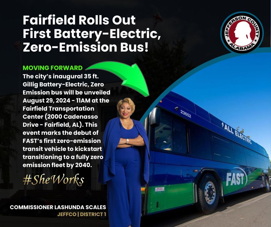 JeffCoDist1's tweet photo. City of Fairfield, AL Rolls Out First Battery-Electric, Zero-Emission Bus! #SheWorks #Fairfield #Buses #EV #Climate #Change #Clean https://t.co/7e33RiCYMV
