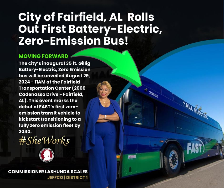 JeffCoDist1's tweet photo. City of Fairfield, AL Rolls Out First Battery-Electric, Zero-Emission Bus! #SheWorks #Fairfield #Buses #EV #Climate #Change #Clean https://t.co/SHvb8ZTxoK