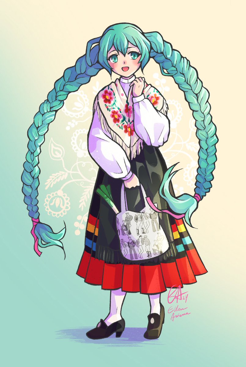 AnnaLiisa_Ellen's tweet photo. Finnish Miku, but she is wearing the regional costume of Helsingin pitäjä. 

(Yep, the tote bag is not part of the costume. But very Finnish design indeed 👀) https://t.co/kkMMHR98b5