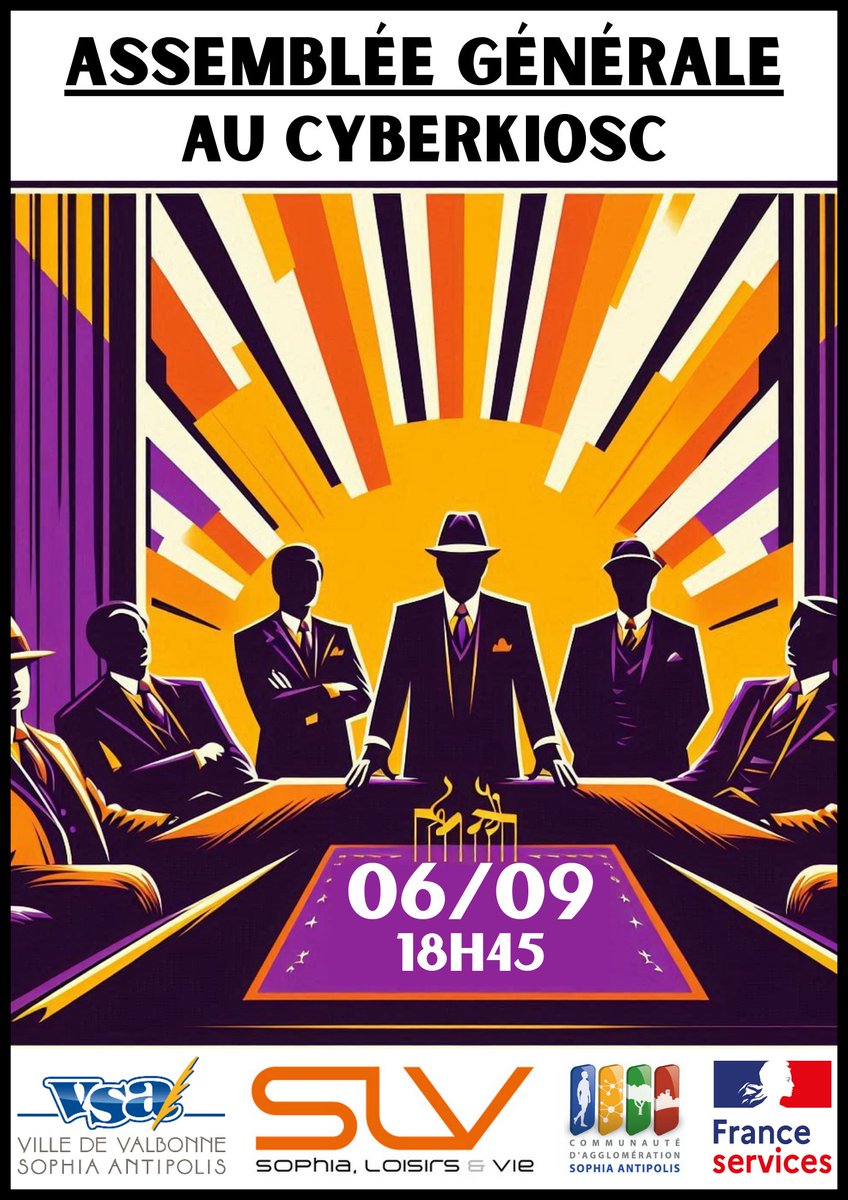 Notre Assemblée Générale aura lieu le 6 septembre à 18h45 au cyberkiosc en dessous de la mairie de Valbonne. Nous aborderons le changement de statut et à la fin de l'Assemblée Générale un pot de l'amitié sera offert.