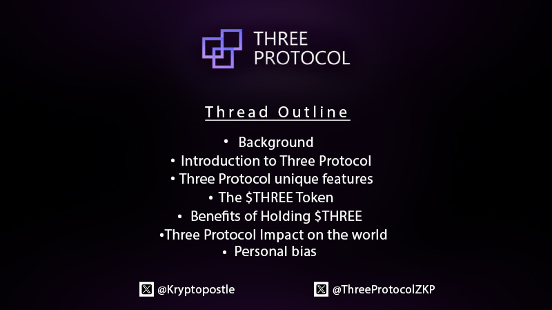 Kryptopostle's tweet image. Navigating and accessing online financial services as never been better till @ThreeProtocol  came along.

Three Protocol offers a decentralized and better way of running the e-commerce world.

Wanna know how? lets dive in⬇️

A  Thread🧵

Thread Outline 👇
#ThreeProtocol #ThreeZKP