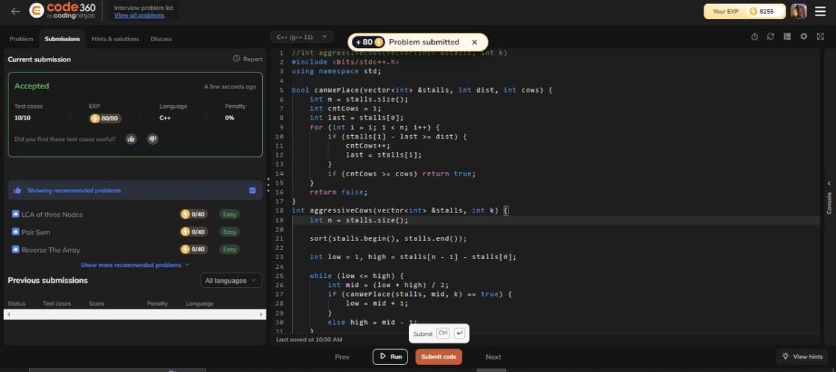 Nisha320289's tweet photo. 🚀 day38 of #100daysofcodingchallenge!✨
✅ Capacity to Ship Packages within D Days.
✅ Kth Missing Positive Number.
✅ Aggressive Cows.
#codingninjas
#binarysearch
#dsa 
#striver
#programming https://t.co/SkX2jfcrxd