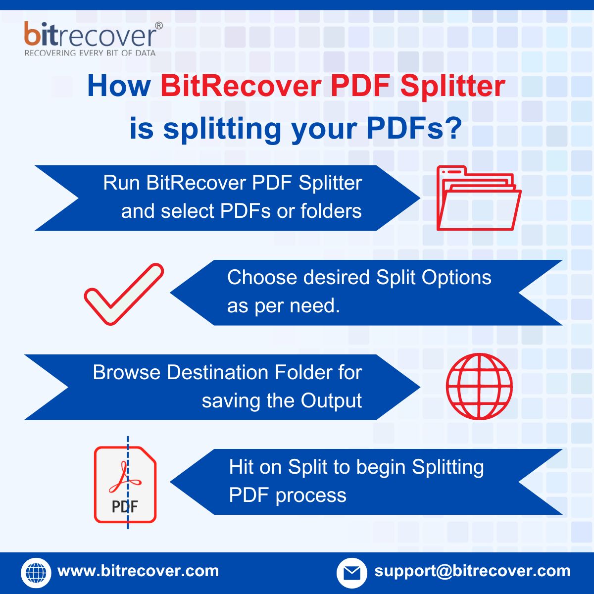 bitrecovers's tweet image. Transform the way you handle PDFs with BitRecover PDF Splitter! bitrecover.com/pdf-split/
Simply, Run, select PDFs, Choose split options, Browse destination path, Hit on split to begin the process.
#BitRecover #PDFSplitter #DocumentManagement #PDFEditing #SplitPDFs