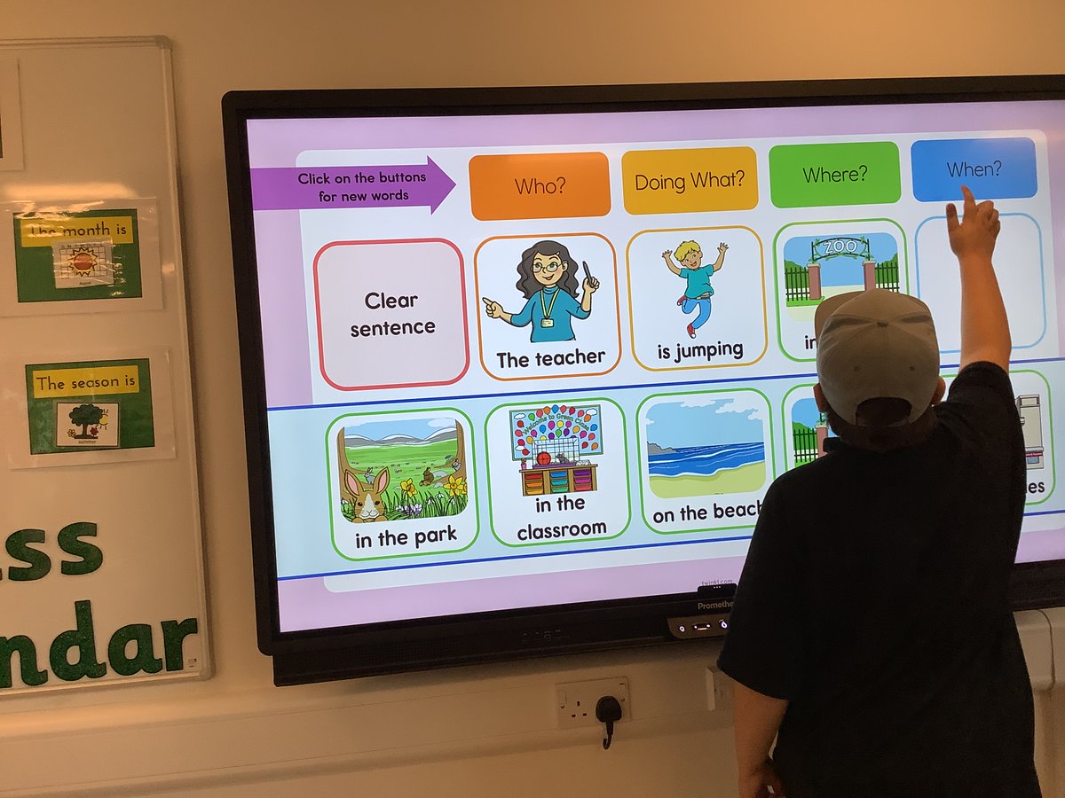 IsobelMair's tweet photo. Busy class this morning with lots of great turn-taking and waiting. Everyone had the chance to create some of their own sentences using nouns, verbs and adjectives! Great teamwork #weareIMS #literacy #clicker8 https://t.co/K8UKkbMR08
