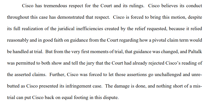 MadMomentum's tweet photo. Cisco motioned for a mistrial against #Paltalk $PALT. My guess is they're just preparing to appeal an unfavorable trial outcome, since it doesn't make sense for the court to accept such a motion from the defendant before a verdict. https://t.co/hYuJL6LHCV