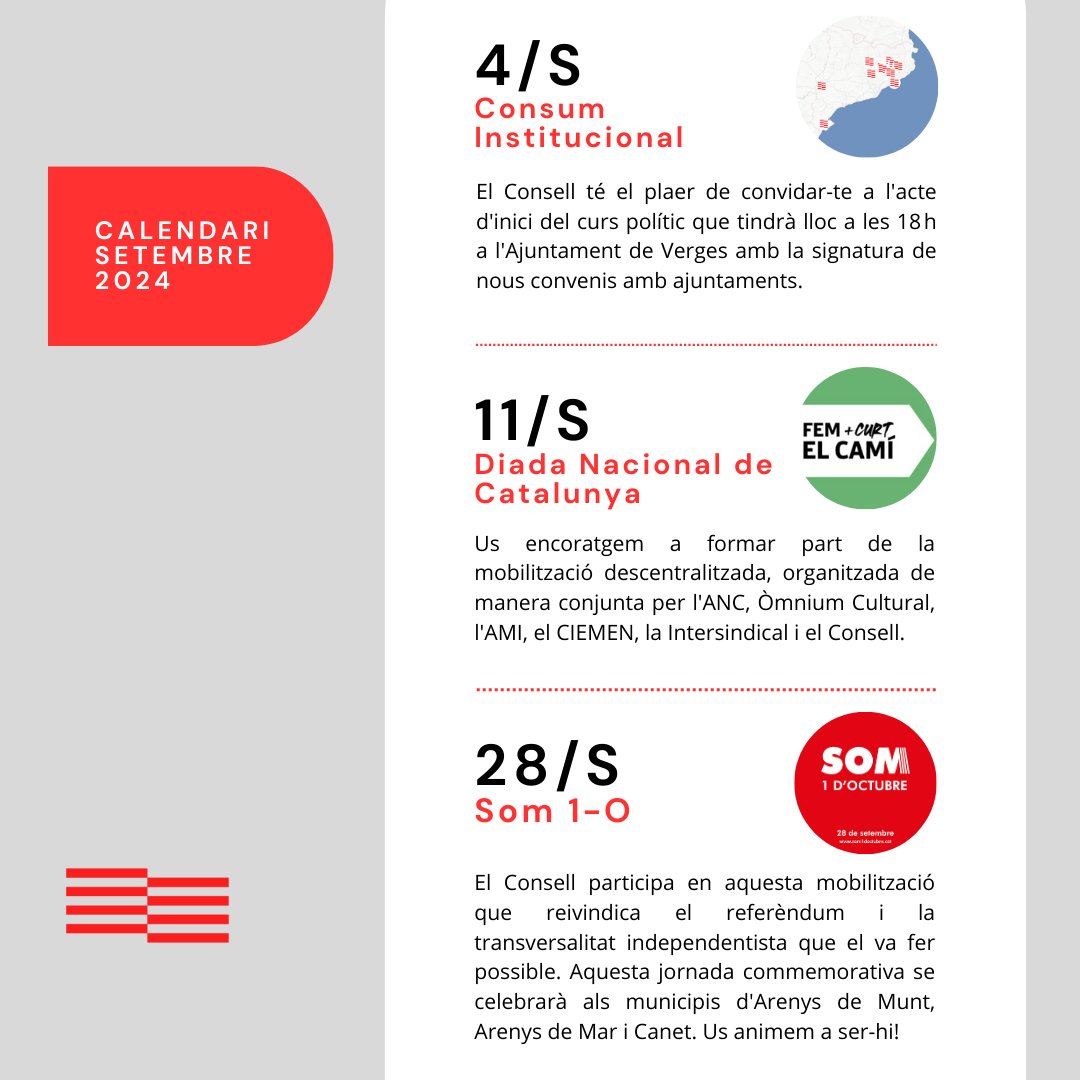 🔴Inici del curs polític 24/25

📅Calendari de setembre:

◾️4/S Desconnectem-nos!
◾️11/S Mobilitzem-nos!
◾️28/S Reivindiquem-nos!

#PreparemNos