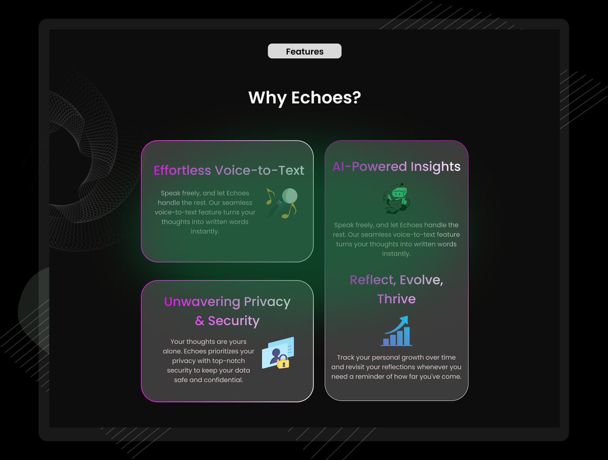 Echoes822's tweet photo. 📣 Exciting news! We're gearing up to launch Echoes, the AI-powered voice journaling app that'll revolutionize your self-reflection journey. 🚀🎙️  

✨ Sneak peek alert! Our waitlist page designs are ready, and we're thrilled to share a glimpse with you soon.
#ComingSoon https://t.co/KIYMyUsifo