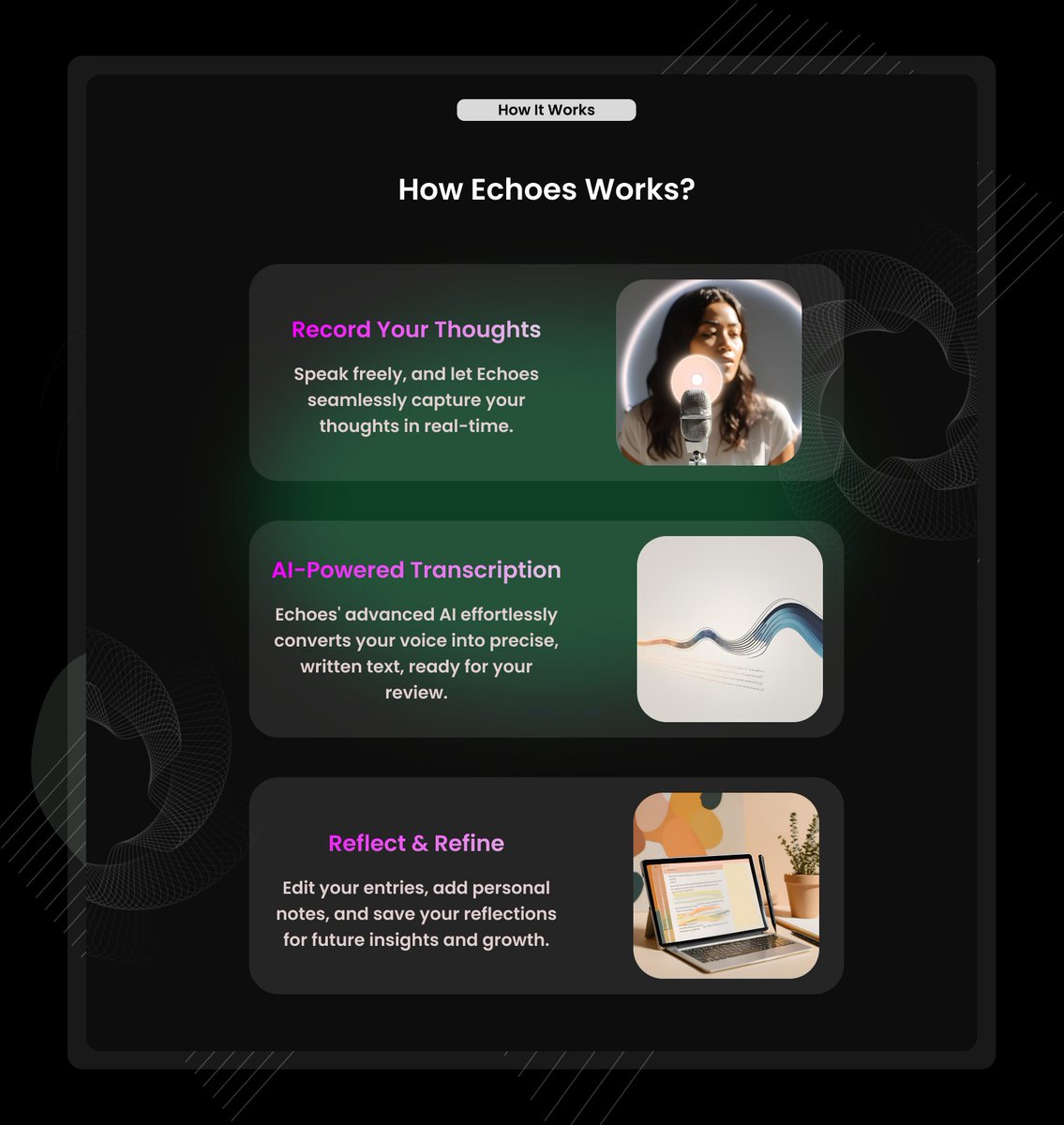 Echoes822's tweet photo. 📣 Exciting news! We're gearing up to launch Echoes, the AI-powered voice journaling app that'll revolutionize your self-reflection journey. 🚀🎙️  

✨ Sneak peek alert! Our waitlist page designs are ready, and we're thrilled to share a glimpse with you soon.
#ComingSoon https://t.co/KIYMyUsifo