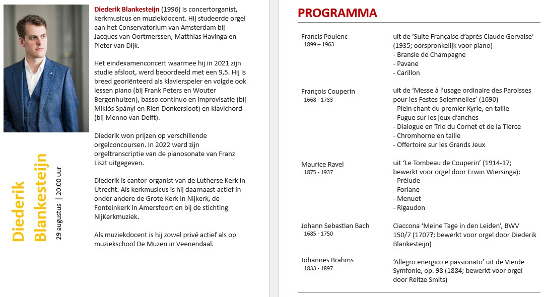 Welkom vanavond bij het concert van Diederik Blankesteijn. Muziek in oorsprong niet geschreven voor orgel maar daarvoor gearrangeerd. Poulenc, Couperin, Ravel, Bach en Brahms. Kaarten: klassiekaanderijn.nl en voor aanvang van het concert aan de kerk.  #rhenen #orgelconcert