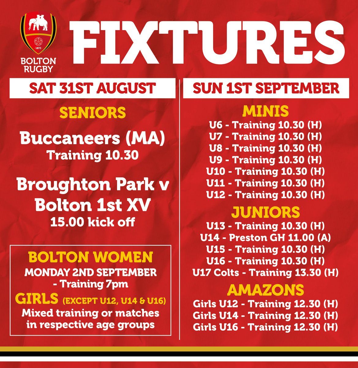 RUGBY IS BACK!
We kick off with a cup fixture for the 1st XV at <a href="/broughtonparkfc/">Broughton Park Rugby</a> KO 3pm &amp; our Buccaneers are training at the club on Sat 10.30am.
On Sunday all Juniors &amp; Amazons Girls teams are training at the club apart from the U14s who have a game at Preston GH.

#boltonrufc