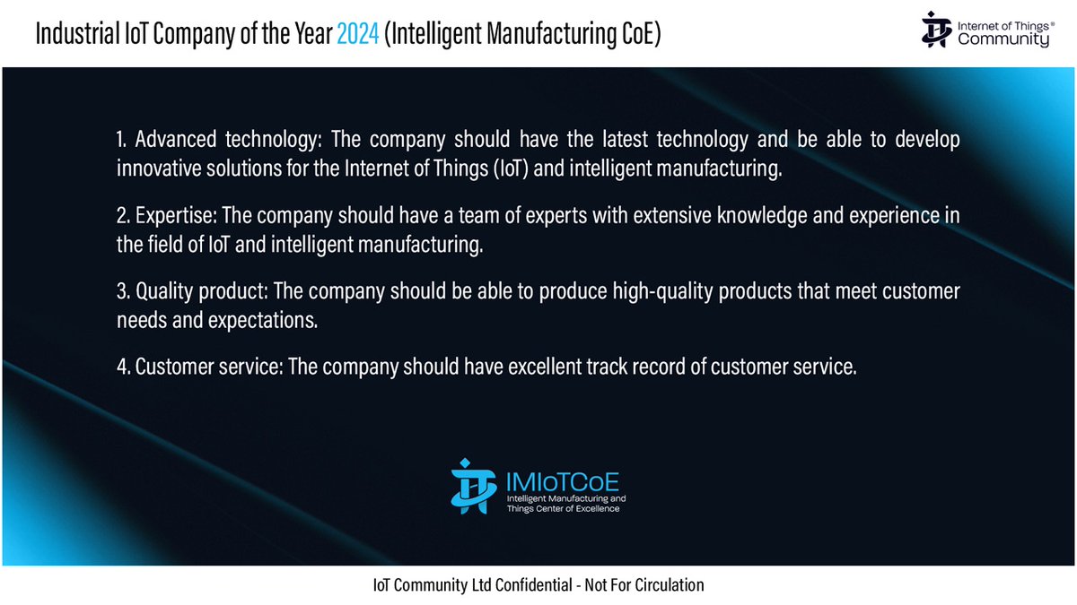 IoT Channel of @IoTCommunity® (@iotchannel) on Twitter photo The <a href="/IoTCommunity/">IoT Community®</a> is excited to announce that the Intelligent Manufacturing Solution of the Year 2024 (Intelligent Manufacturing CoE) IoT Slammys category is open for public nominations.
docs.google.com/forms/d/1PIiOd…
#IoTCommunity #IoTSlammys #IoTSlam #IoT #IMIoTCoE The <a href="/IoTCommunity/">IoT Community®</a> is excited to announce that the Intelligent Manufacturing Solution of the Year 2024 (Intelligent Manufacturing CoE) IoT Slammys category is open for public nominations.
docs.google.com/forms/d/1PIiOd…
#IoTCommunity #IoTSlammys #IoTSlam #IoT #IMIoTCoE