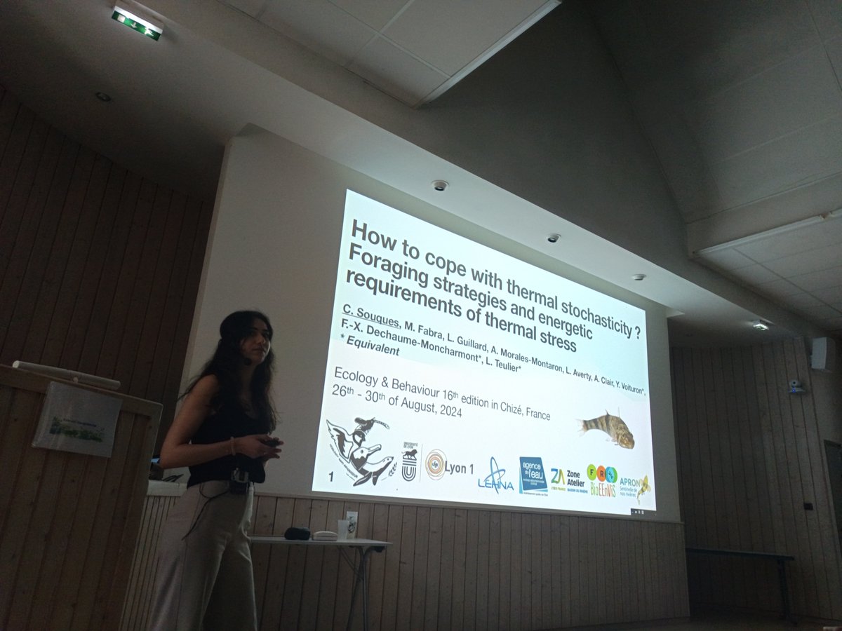 #ecobhrv2024 #Behaviouralecology Climate change can manifest through extreme climatic events🥵 With the last talk of the session, <a href="/chloe_souques/">Chloé Souques</a>, PhD student at <a href="/LEHNA_lab/">LEHNA</a> is presenting her work investigating the effect of thermal stochasticity on an endangered freshwater fish🐟