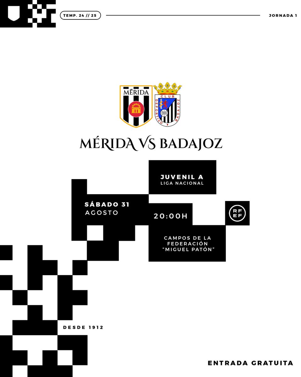 𝐕𝐔𝐄𝐋𝐕𝐄 𝐄𝐋 𝐉𝐔𝐕𝐄𝐍𝐈𝐋 𝐀

🆚 <a href="/CDBLaAcademia/">La Academia CD Badajoz</a>
📆 Sábado
⏰ 20:00h
📊 Jornada 1

Nuestro #JuvenilA comenzará la temporada con el Derbi Extremeño 🟢⚪⚫

✊🏻 ¡Vamos, romanos!