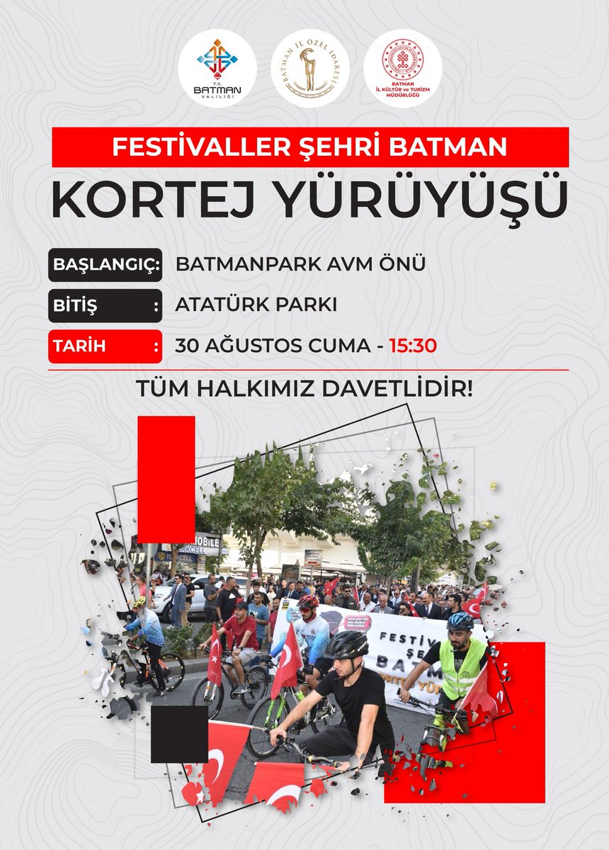 Batman Valiliği (@batmanvaliligi) on Twitter photo Festivaller Şehri Batman Kortej Yürüyüşüne Tüm Halkımız Davetlidir.
<a href="/TCKulturTurizm/">T.C. Kültür ve Turizm Bakanlığı</a>
<a href="/Batman_iktm/">Batman İl Kültür ve Turizm Müdürlüğü</a> Festivaller Şehri Batman Kortej Yürüyüşüne Tüm Halkımız Davetlidir.
<a href="/TCKulturTurizm/">T.C. Kültür ve Turizm Bakanlığı</a>
<a href="/Batman_iktm/">Batman İl Kültür ve Turizm Müdürlüğü</a>