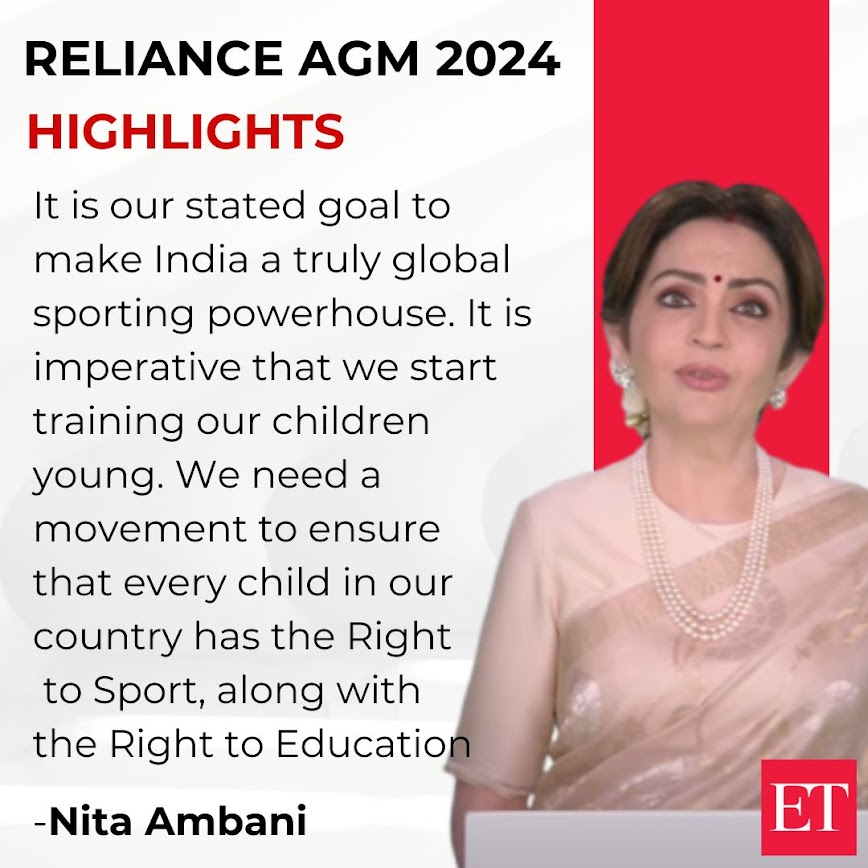 EconomicTimes's tweet photo. It is our stated goal to make India a truly global sporting powerhouse. It is imperative that we start training our children young. We need a movement to ensure that every child in our country has the #RightToSports, along with the #RightToEducation: #NitaAmbani
47th #RIL #AGM Live Updates: https://t.co/5A9ZXygAuI
