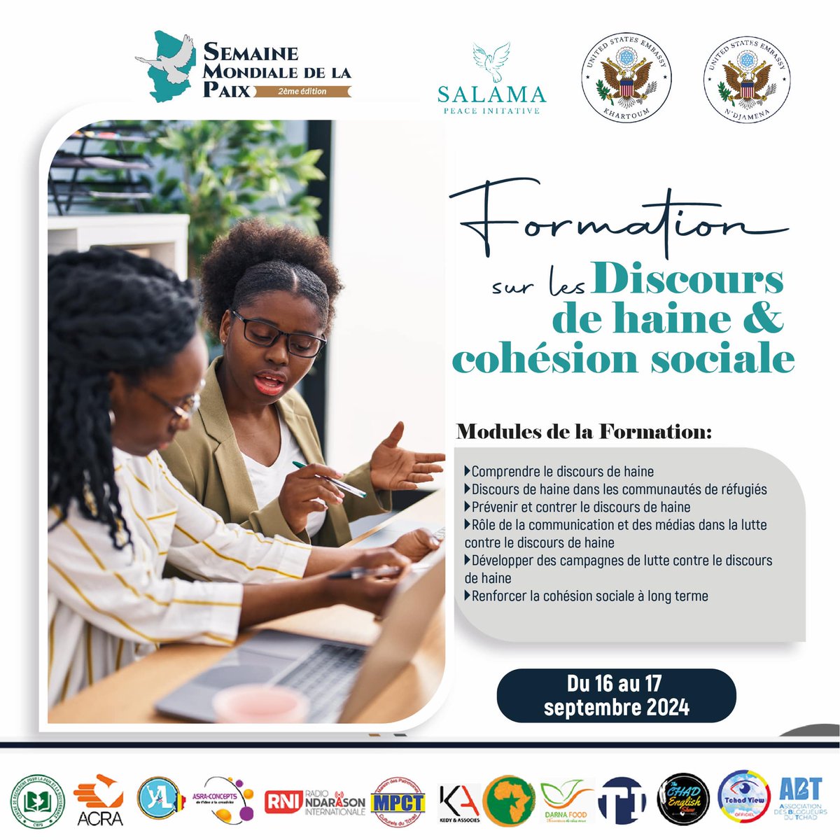 📢 Participez à la formation Salama Peace pour lutter contre les discours de haine et promouvoir la cohésion sociale pendant la Semaine Mondiale de la Paix 2024 !

📅 16-17 sept 2024
🎯 Pour jeunes et femmes tchadiens/soudanais.
📩 Inscrivez-vous : (forms.gle/dybTHZiSkXmmBS…)