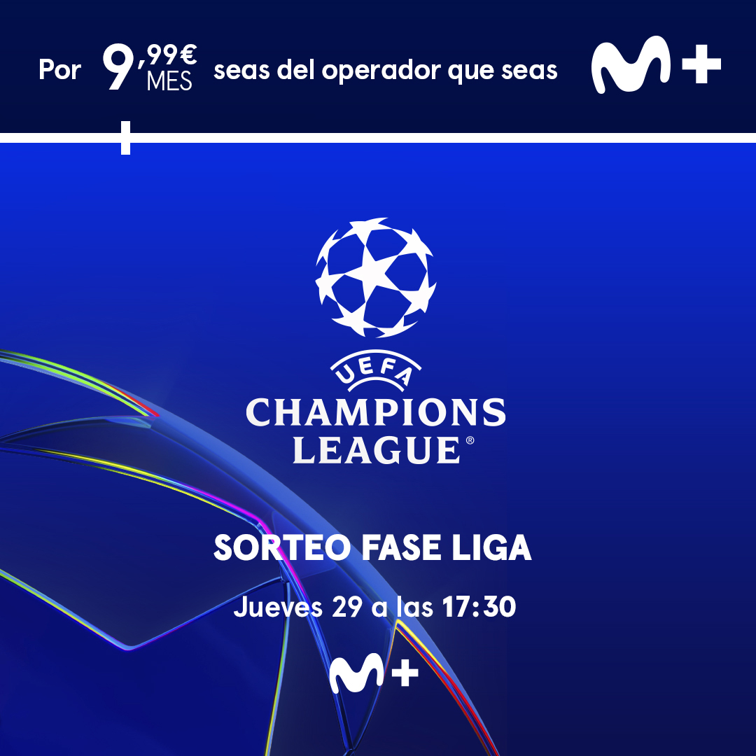 Fútbol en Movistar Plus+ (@movistarfutbol) on Twitter photo 🤞 Llega el sorteo de la Champions League
⏰ 17:30
📺 <a href="/MovistarPlus/">Movistar Plus+</a> (dial 7)
🎙️ <a href="/sguasch/">Susana Guasch Llovensà</a>, <a href="/javitremp/">Javi Muñoz Ais</a>, Jorge Valdano, <a href="/guilleuzquiano/">Guille Uzquiano</a>, <a href="/MundoMaldini/">Julio Maldonado</a> y <a href="/m_marchante/">Mónica Marchante</a>
🔥 9,99 euros al mes, seas del operador que seas
☑️ movistarplus.es 🤞 Llega el sorteo de la Champions League
⏰ 17:30
📺 <a href="/MovistarPlus/">Movistar Plus+</a> (dial 7)
🎙️ <a href="/sguasch/">Susana Guasch Llovensà</a>, <a href="/javitremp/">Javi Muñoz Ais</a>, Jorge Valdano, <a href="/guilleuzquiano/">Guille Uzquiano</a>, <a href="/MundoMaldini/">Julio Maldonado</a> y <a href="/m_marchante/">Mónica Marchante</a>
🔥 9,99 euros al mes, seas del operador que seas
☑️ movistarplus.es