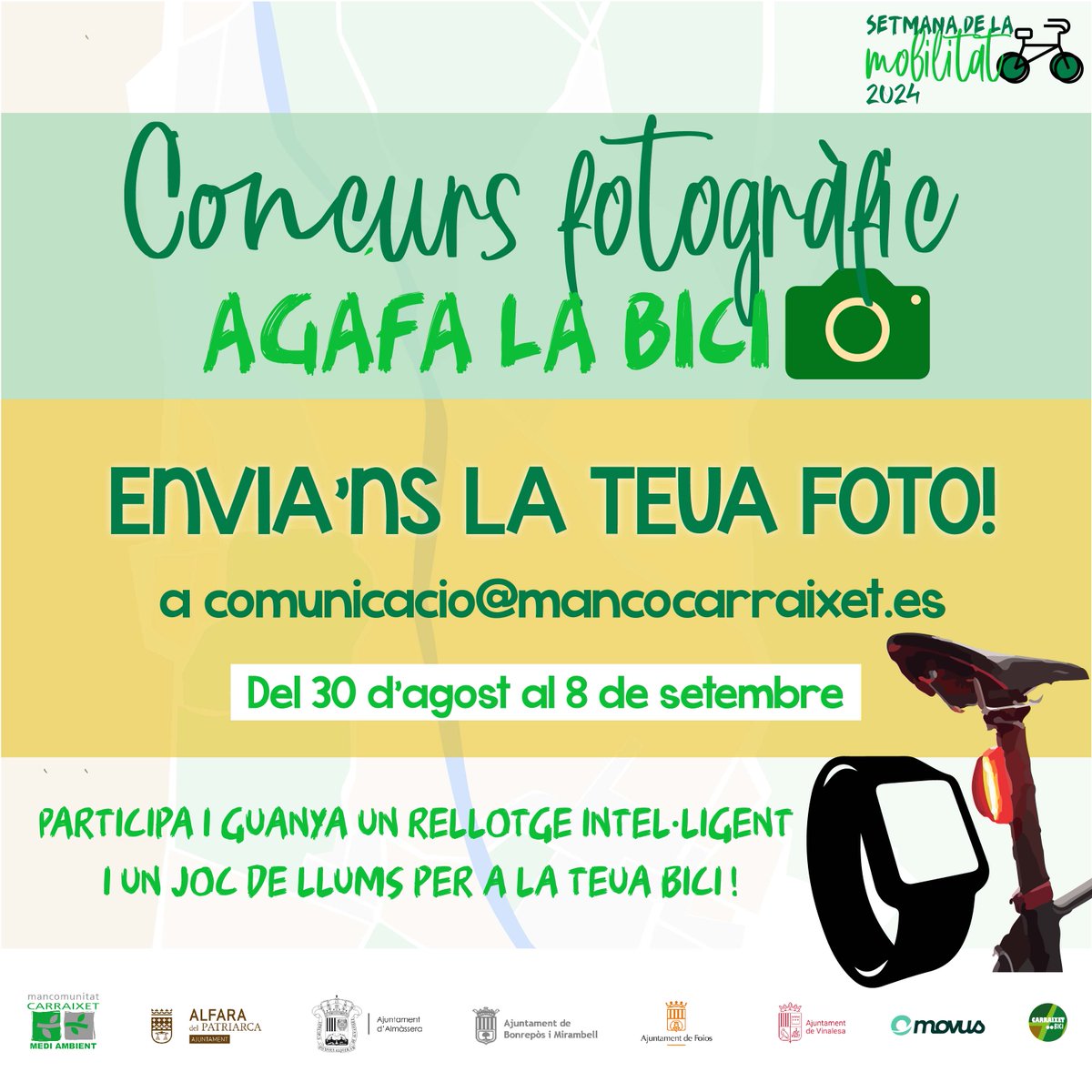 MEDI AMBIENT | CONCURS FOTOGRÀFIC

Des de la #MancomunitatdelCarraixet llancem el concurs fotogràfic: “Agafa la bici” per la Setmana de la Mobilitat.🌍

🔗Consulta totes les bases en la nostra web: mancocarraixet.es/va/noticia-pag…