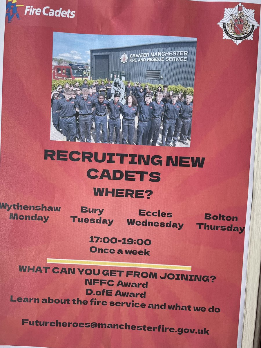 NCooper1880258's tweet image. Looking for new cadets at our units. Learn new life skills, work as part of a team on the drill yard using firefighting equipment. As well as gaining a qualification. #partofthefirefamily @manchesterfire