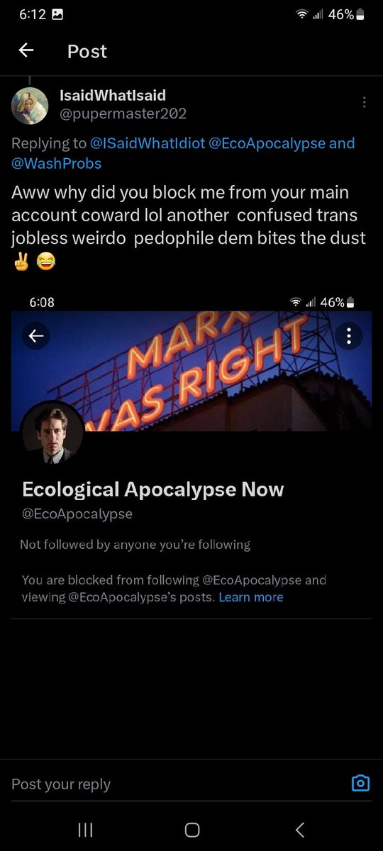 Lanight191209's tweet photo. @ISaidWhatIdiot @pupermaster202 @EcoApocalypse @WashProbs why did you block me from your main account coward 😂  confused trans jobless weirdo  pedo dem bites the dust  ✌ 😂  did you have fun on timeout after x locked youraccount  weirdo  😂  I had you so mad you had to create another fake account @ISaidWhatIdiot just to reply  😂 https://t.co/3MVaT1sFhv