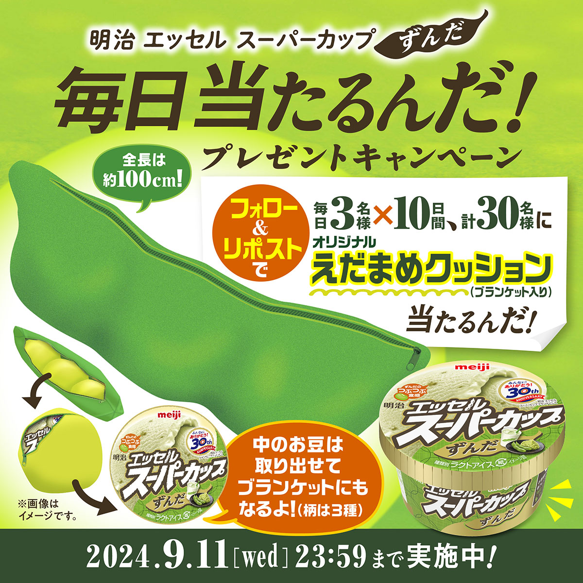 💚毎日3名様に当たるんだ【3日目】💚
スーパーカップ30周年記念フレーバー
#スーパーカップずんだ 発売中！

オリジナルえだまめクッションが
毎日当たるんだ🎁

クッションの中には
3種のオリジナルブランケットも✨

1.<a href="/essel_sweets/">明治 エッセル スーパーカップ【公式】</a> をフォロー
2.この投稿をリポスト

詳細は画像をチェック☟