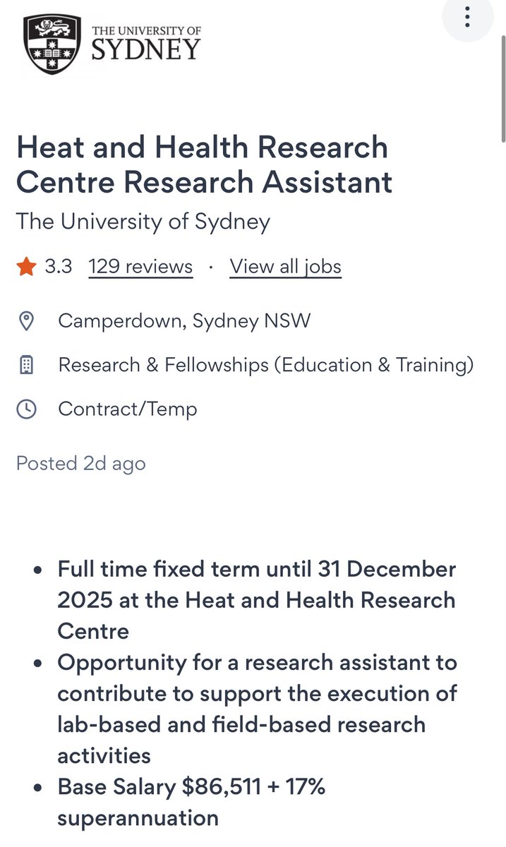 Ollie Jay (@ollie_jay13) on Twitter photo Join our team at <a href="/HeatHealth_USYD/">Heat and Health Research Incubator</a>!
We are seeking a highly motivated recent (or soon to be) graduate in #exercise #science or related discipline.
This is a full-time RA role to work on exciting projects in the Thermal Ergonomics Laboratory.
seek.com.au/job/78404177 Join our team at <a href="/HeatHealth_USYD/">Heat and Health Research Incubator</a>!
We are seeking a highly motivated recent (or soon to be) graduate in #exercise #science or related discipline.
This is a full-time RA role to work on exciting projects in the Thermal Ergonomics Laboratory.
seek.com.au/job/78404177