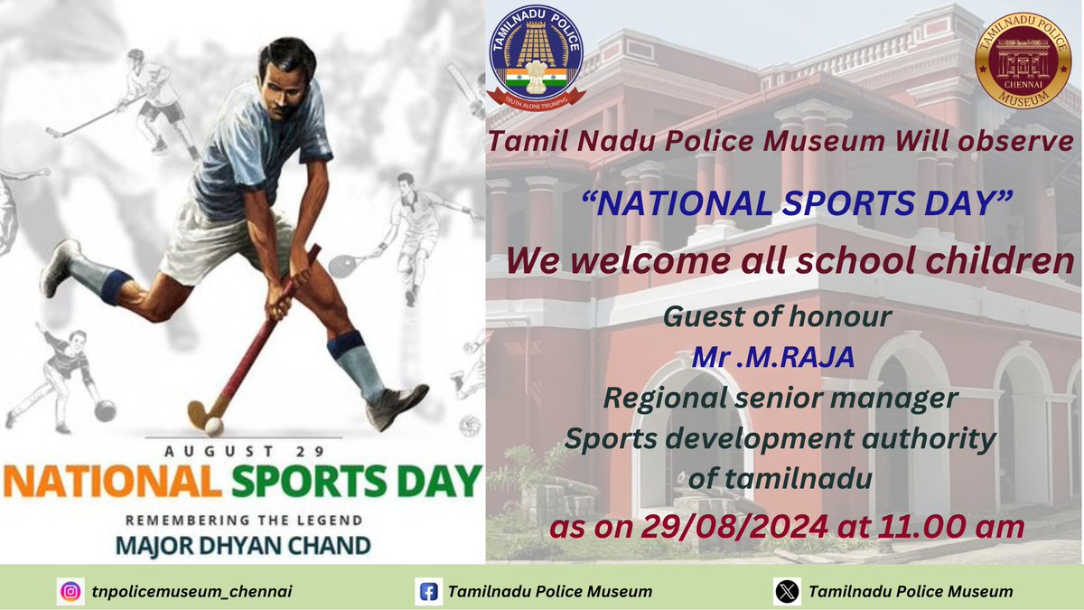 tnpm_chn's tweet photo. #NationalSportsDay2024  program was conducted by TN police museum as on august 29, at 11.00 am. we welcome all school children and all so our guest of honour MR.M.RAJA Regional senior manager sports development authority of Tamilnadu. his explained about the important of sports. https://t.co/RdrEiuersu