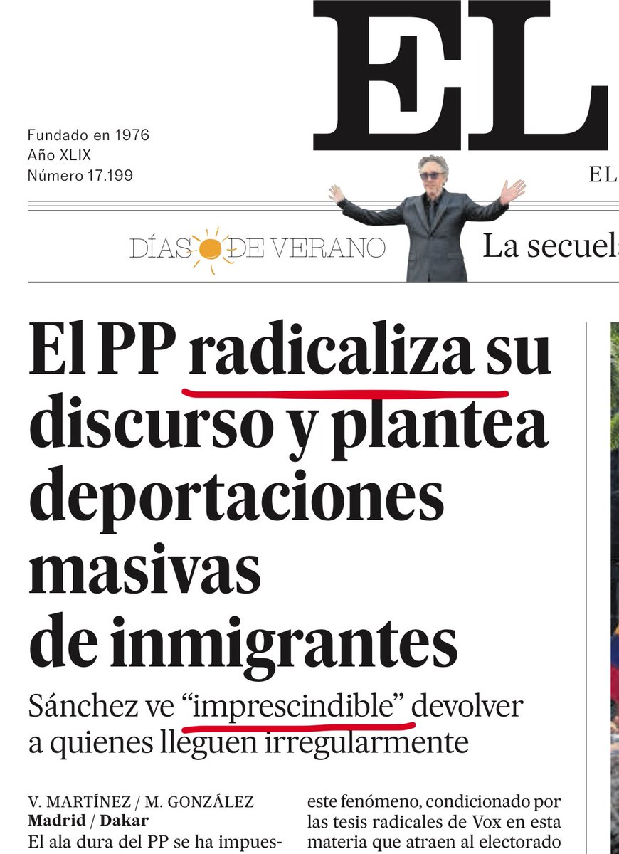 El País: El PP “radicaliza” su discurso y plantea deportaciones masivas.

También El País una línea más abajo: Sánchez ve imprescindible devolver a quienes lleguen irregularmente.

Lo mismo es o “radical” o “imprescindible” dependiendo de quien lo diga. Acojonante.