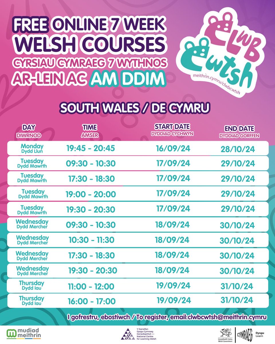 Clwb Cwtsh (@clwbcwtsh) on Twitter photo 🏴Want to learn Welsh?🏴
Check out our new Clwb Cwtsh sessions starting from 16/09/24! Join us face to face or at home with your little ones🧸
Get yourself registered today by sending us an email:
💌clwbcwtsh@meithrin.cymru
Ewch amdani / Go for it! 🏴Want to learn Welsh?🏴
Check out our new Clwb Cwtsh sessions starting from 16/09/24! Join us face to face or at home with your little ones🧸
Get yourself registered today by sending us an email:
💌clwbcwtsh@meithrin.cymru
Ewch amdani / Go for it!