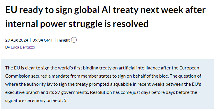 White smoke on the AI Convention: Last night, EU countries agreed to Hungary's two-step approach, giving the Commission the mandate to sign on behalf of the bloc on Sept. 5 in Vilnius. The US also confirmed it will sign then, <a href="/mlexclusive/">MLex</a> has learned.
content.mlex.com/#/content/1591…