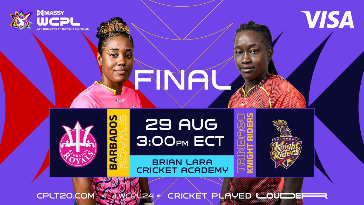 CPL's tweet photo. What a day ahead! Itβs time for the final at the Brian Lara Cricket Academy as the Barbados Royals take on the Trinbago Knight Riders π§π§vs πΉπΉ #WCPLFinal #WCPL24 #MassyWCPL #BRvTKR #CricketPlayedLouder #BiggestPartyInSport https://t.co/kc22PLQupw