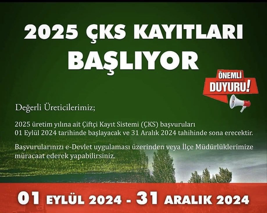 2025 Yılı ÇKS başvuru işlemleri 01 Eylül 2024 tarihinde başlayacak olup 31 Aralık 2024 tarihinde son bulacaktır
Çiftçilerimizin mağduriyet yaşamamaları için 2025 ÇKS başvurularını belirtilen tarihlerde yapmaları gerekmektedir
Her türlü sorun ve bilgi için Ziraat Odamıza başvurun
