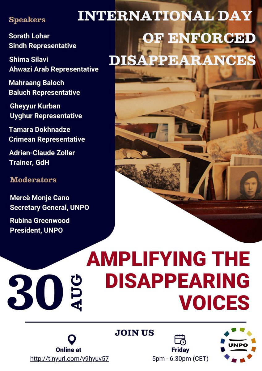 UNPOintl's tweet image. 🚨 Don’t miss out! Tomorrow is the day! Join us for our webinar "Amplifying the Disappearing Voices" on August 30th from 5:00 PM to 6:30 PM.

🗓️ Date: August 30th
🕔 Time: 5:00 PM - 6:30 PM
🔗 Link: buff.ly/3X408RB

#EnforcedDisappearances #HumanRights #AmplifyVoices