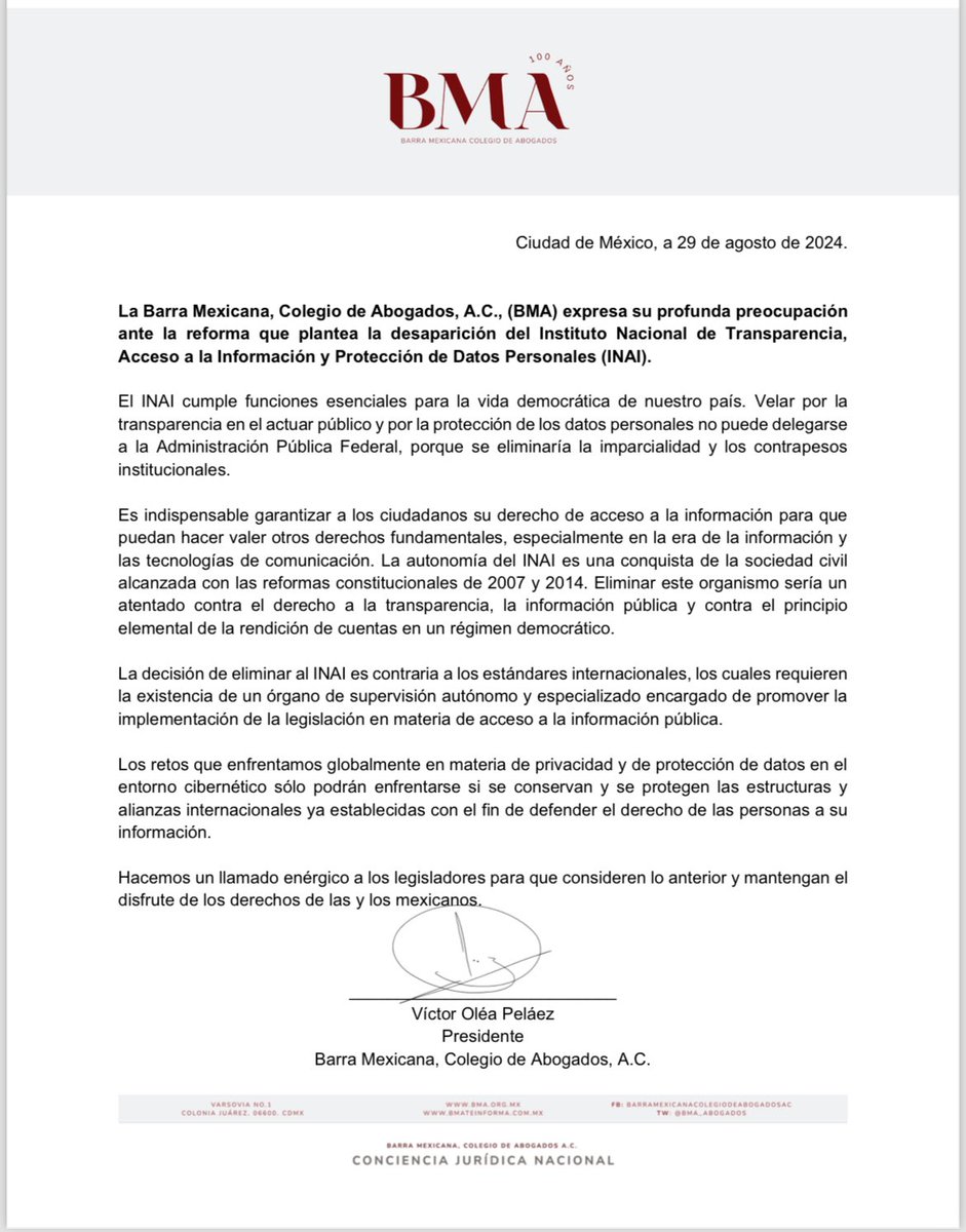 Barra Mexicana, Colegio de Abogados A.C. (@bma_abogados) on Twitter photo La <a href="/BMA_Abogados/">Barra Mexicana, Colegio de Abogados A.C.</a> expresa su profunda preocupación ante la reforma que plantea la desaparición del <a href="/INAImexico/">INAI</a>.
Con esta reforma aumentarían los peligros para los derechos humanos, aunada a los retos contra la #IndependenciaJudicial y la sobrerrepresentación ilegítima. La <a href="/BMA_Abogados/">Barra Mexicana, Colegio de Abogados A.C.</a> expresa su profunda preocupación ante la reforma que plantea la desaparición del <a href="/INAImexico/">INAI</a>.
Con esta reforma aumentarían los peligros para los derechos humanos, aunada a los retos contra la #IndependenciaJudicial y la sobrerrepresentación ilegítima.