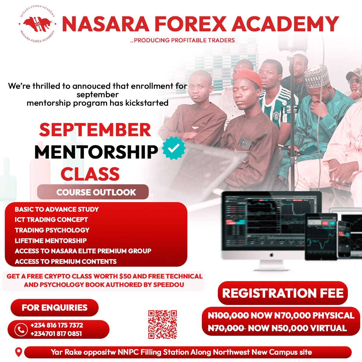 We offer both Physical and virtual classes
-Basic to advance Forex courses-Simplified ICT concept
-Learn 5 data backed ICT models
-Get access to 150 videos
-Weekly livestream 
-Trade together with over 300 successful Nasara elite traders 
-lifetime mentorship 

 +234 703 589 9925