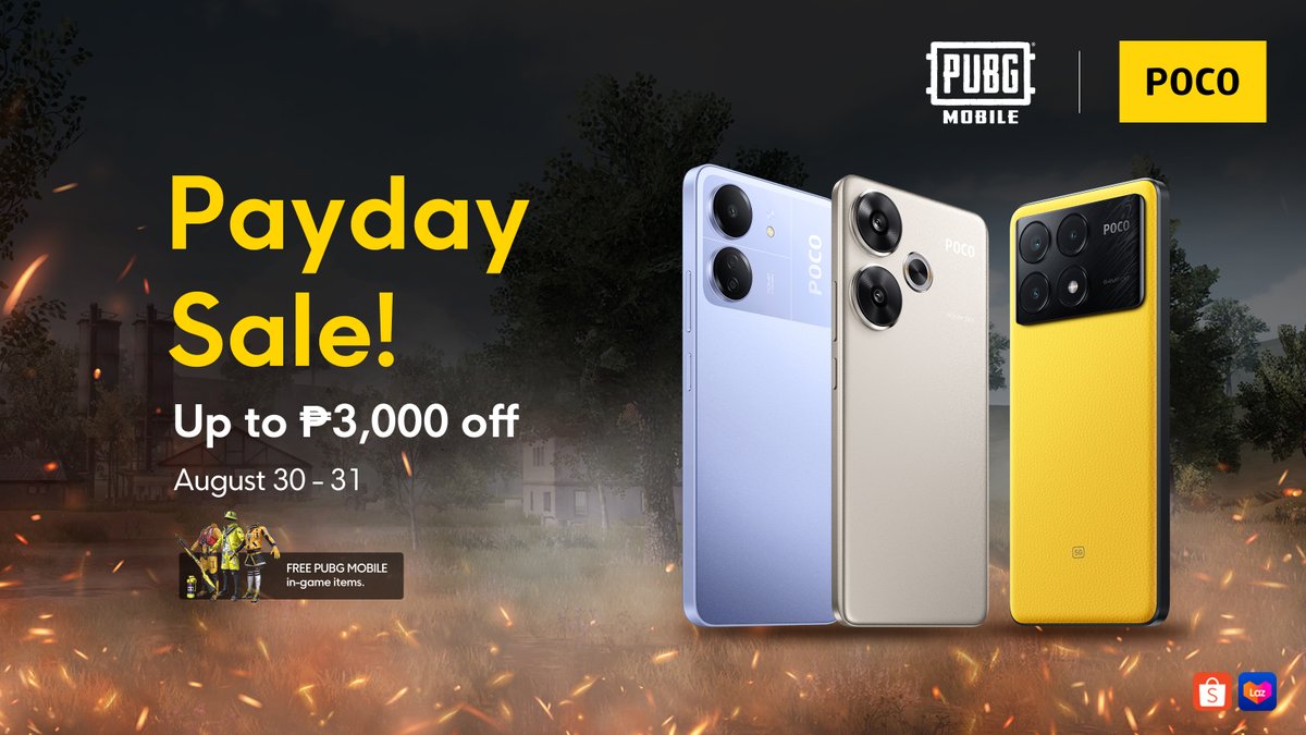 POCOPilipinas's tweet photo. Ready to put your game on? 🎮 Get up to ₱3,000 OFF + FREE PUBG Mobile in-game items when you shop during our Payday Sale on Shopee and Lazada this August 30-31! Don't miss out on this epic deal that will power up your game and your savings! 💥 #POCOCarnival #ReadySetWin https://t.co/Wm2Y75h0Z2