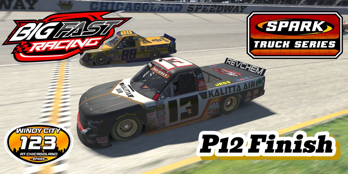 BigFastRacing's tweet photo. Last night in Spark Racing Leagues Truck Series, Jake had a hard fought race.  In a very competitive field, Jake fought hard to P6 at one point but tire wear and late race restarts shuffled him back to P12 at the end. https://t.co/SCOUVLIjqT