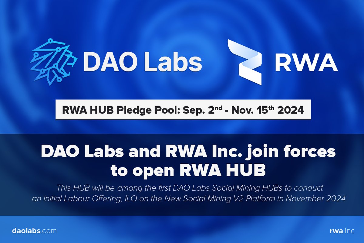 TheDAOLabs's tweet photo. 💡 The DAO Labs Core presents RWA HUB, among the first Social Mining Hubs conducting the Initial Labour Offering, ILO, on Social Mining V2 on November 15th 2024💡

👉 On RWA HUB you will: 

1️⃣ Redeem work for $RWA Allocations

2️⃣ Earn Stable Coin.

3️⃣ Convert $RWA Points ↔️ $USDT at your own convenience

▶️ Social Mining V1 Hub Pledge Pool begins on Sep 2nd, 2024. Be ready!

💰With the ILO, The evolution of the IDO - One can be rewarded as investor, Partner or KOL.  Enjoy better terms and get a head start on earning Allocations.