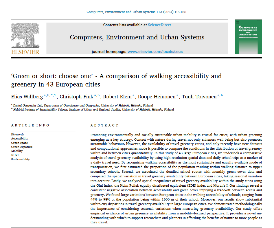🌱Green or short everyday trips in European cities?

📜Our new <a href="/digigeolab/">DigitalGeographyLab</a> study shows that good walking access and greenery exposure are sometimes at odds

Wonderful collaboration w/ <a href="/chrxf/">Christoph Fink (he/him)</a>, Robert Klein, Roope Heinonen &amp; @TuuliToivonen #GREENTRAVEL

OA: doi.org/10.1016/j.comp…
