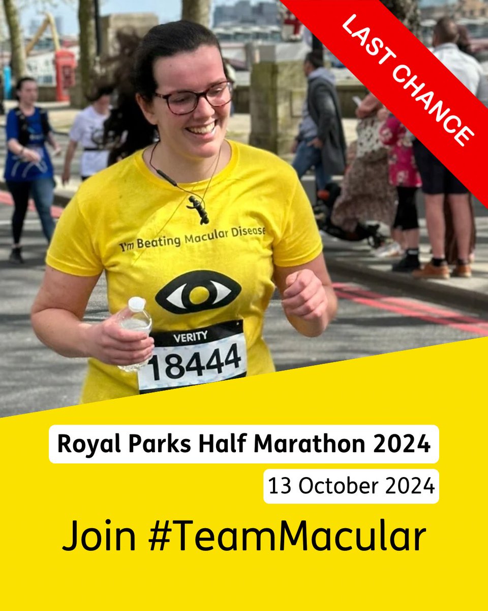 Just 1️⃣ <a href="/macularsociety/">Macular Society</a> place left for <a href="/royalparkshalf/">Royal Parks Half</a> on 13 October 2024. Registration closes Monday 2 Sep at 12 noon. Don’t miss out, sign up for this stunning central London half marathon today!

Together, let’s Beat Macular Disease! 

More details macularsociety.org/get-involved/f…
