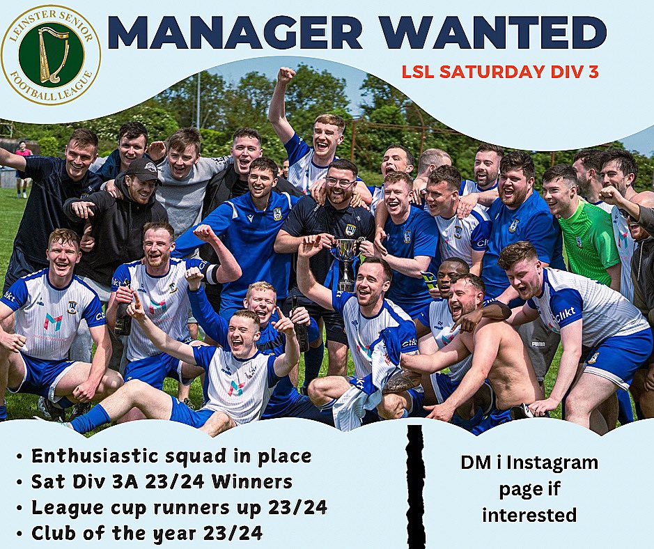 Ballyoulster United AFC (@ballyoulsterafc) on Twitter photo We’re on the lookout for a new manager for our Sat Div 3 side
<a href="/AlQuinn2015/">LSL Live Update’s</a>
<a href="/LSLLeague/">Leinster Senior League</a> We’re on the lookout for a new manager for our Sat Div 3 side
<a href="/AlQuinn2015/">LSL Live Update’s</a>
<a href="/LSLLeague/">Leinster Senior League</a>