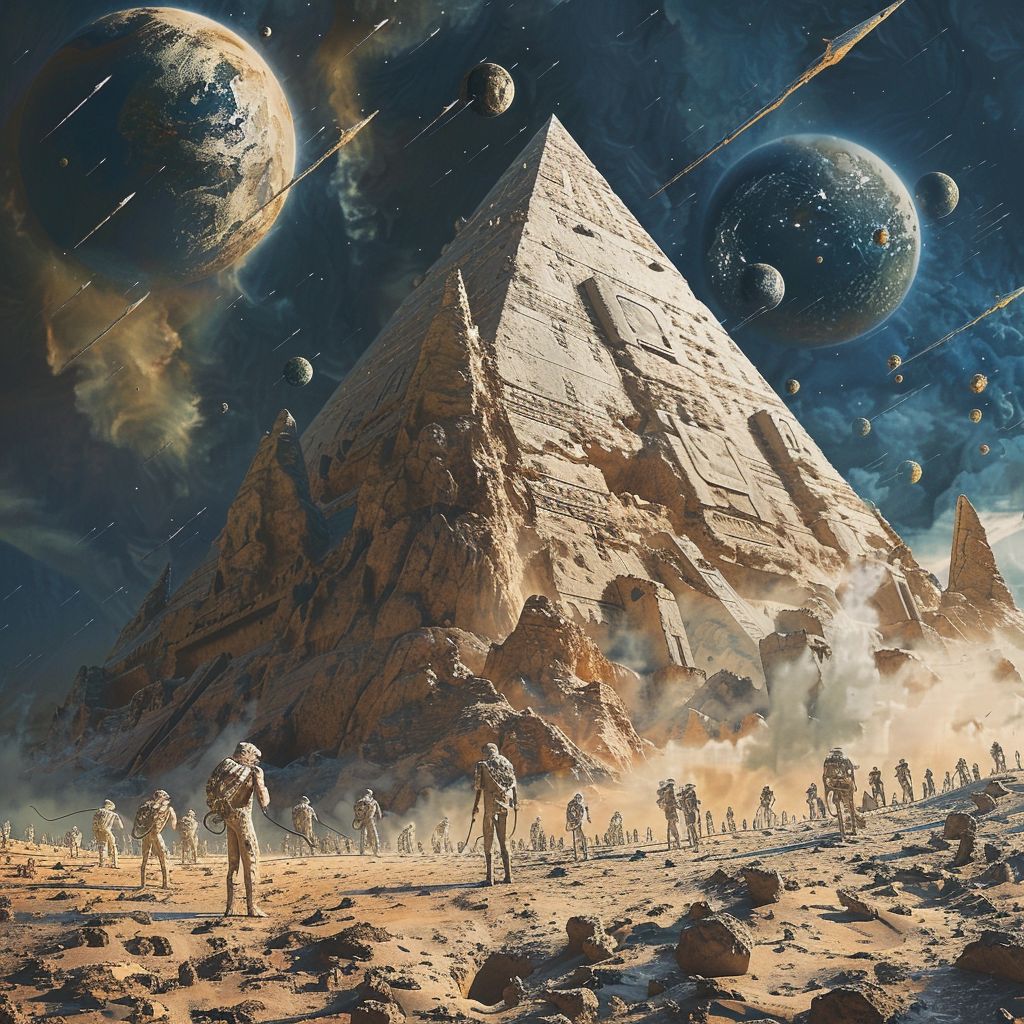 HumanAIArt's tweet photo. "Celestial Pyramid #31", Witness the grandeur of a pyramid taking shape as aliens and humans work together on an alien planet. #AlienTeamwork #CosmicConstruction #SurrealArt #GalacticCollaboration https://t.co/7dppCz57WS