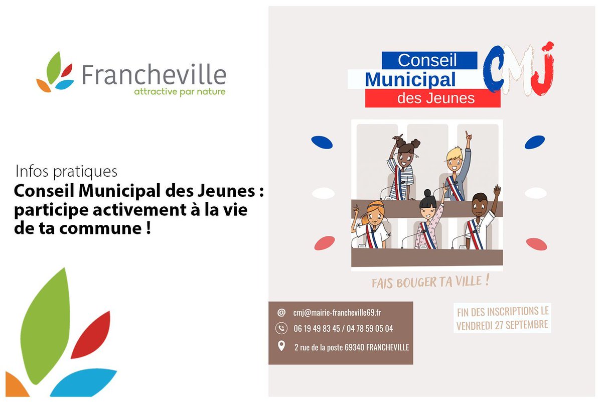 [CONSEIL MUNICIPAL DES JEUNES]

▶️La Structure Info Jeunes (SIJ) crée cette année le premier Conseil Municipal des Jeunes de Francheville. La ville donne la parole à sa jeunesse ! 

📱Plus d'infos et inscription   buff.ly/3Z2yAi0