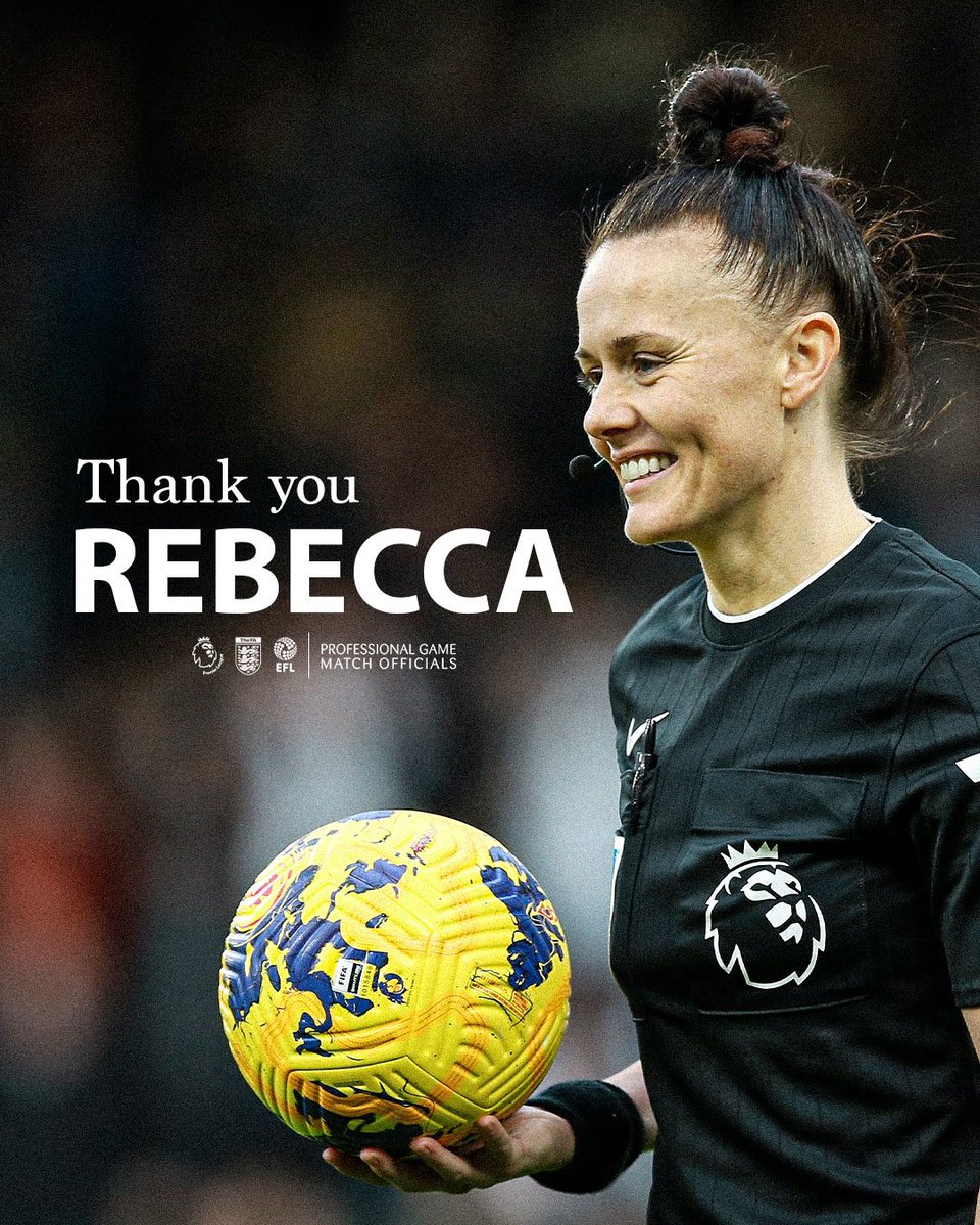 A trailblazing referee 👏

Rebecca Welch has called time on a magnificent on-field career to take up a managerial role within PGMOL. She will become the manager of the Select Group Women’s Professional Game.

Congratulations, Rebecca!