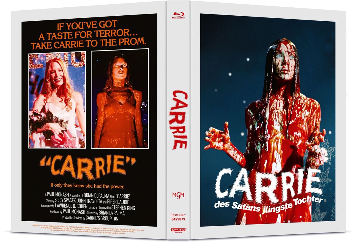 "Carrie - Des Satans jüngste Tochter" ab 24. Oktober 2024 als 3-Disc Limited Collector's Edition im Mediabook im Schuber mit dem Film auf UHD-Blu-ray (mit Dolby Vision und HDR10) und Blu-ray, einer Bonus-Blu-ray sowie einem 36-seitigen Booklet mit einem Text von Fabian Stumm.