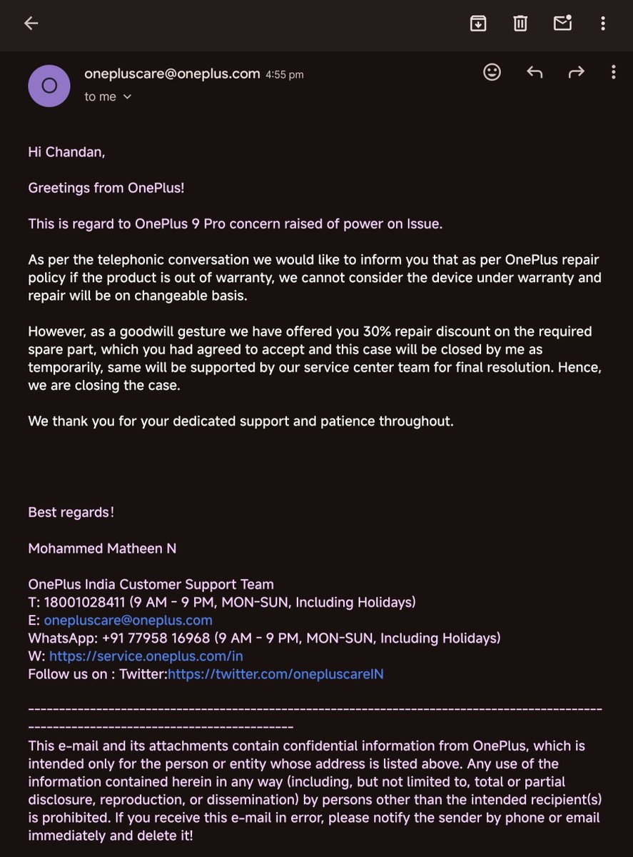 that_chand's tweet image. At this point, I don't know what to say. OnePlus just closed the case by offering a mere 30% discount on the motherboard repair. So brand makes your device faulty and then you're supposed to pay like ₹20,000 to the brand. Nice trick.

And most importantly, I DID NOT ACCEPT THE