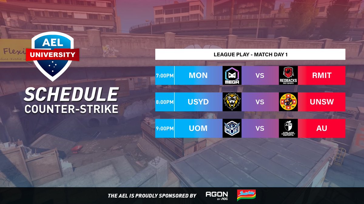 Australian Esports League (@auesportsleague) on Twitter photo .<a href="/UNSW_ESports/">UNSW ESports Club</a> takes the top spot after Match Day 2! <a href="/RMITesports/">RMIT Esports & Games</a> is in a close second!
The AEL is proudly sponsored by <a href="/AGONbyAOC/">AGON by AOC</a> & <a href="/Indomielovers/">Indomie</a> .<a href="/UNSW_ESports/">UNSW ESports Club</a> takes the top spot after Match Day 2! <a href="/RMITesports/">RMIT Esports & Games</a> is in a close second!
The AEL is proudly sponsored by <a href="/AGONbyAOC/">AGON by AOC</a> & <a href="/Indomielovers/">Indomie</a>